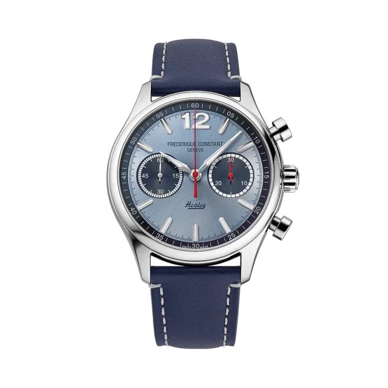 Frederique Contant Healey herreklokke med blå skive og chronograph. Automatisk verk og skinnrem. Frederique Contant Healey herreklokke med blå skive og chronograph. Automatisk verk og skinnrem.