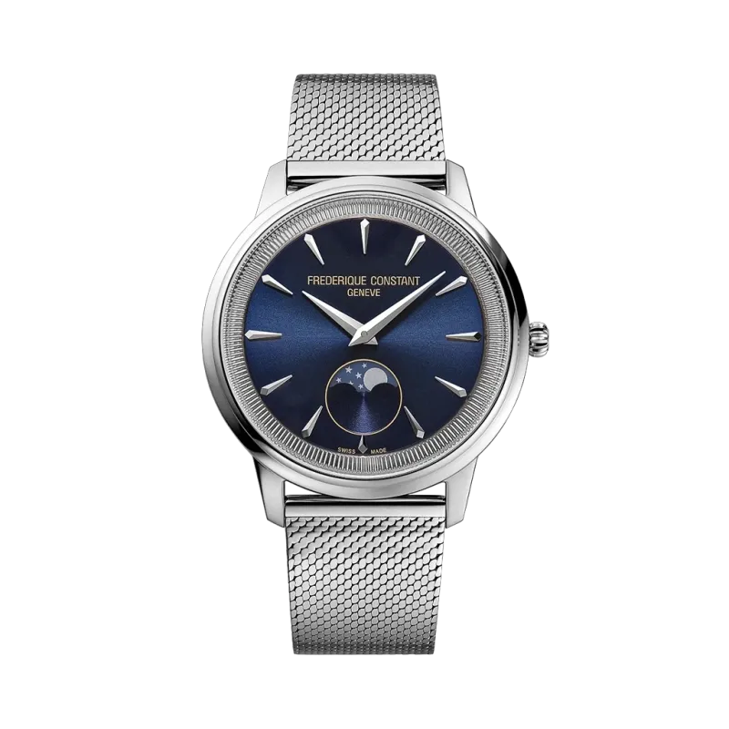 Frederique Constant Classics Moneta herreklokke på 37 mm med blå skive, lenke og quartzverk.