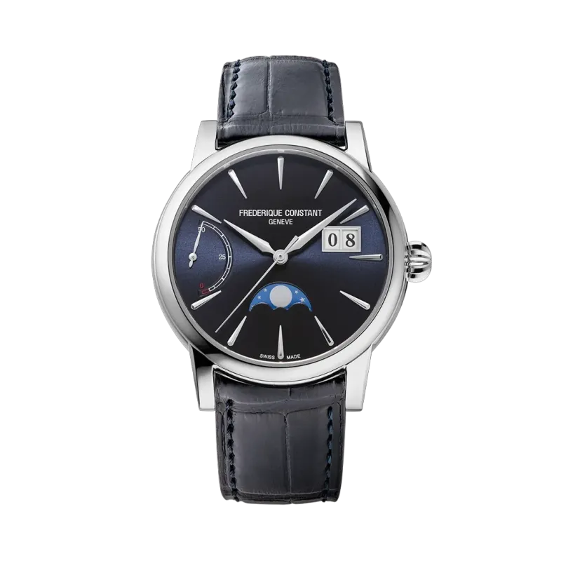 Frederique Constant Classic Power Reserve Big Date Manufacture pent herreur med månefase, gangreserveindikator og dato på skiven. Frederique Constant Classic Power Reserve Big Date Manufacture pent herreur med månefase, gangreserveindikator og dato på skiven.