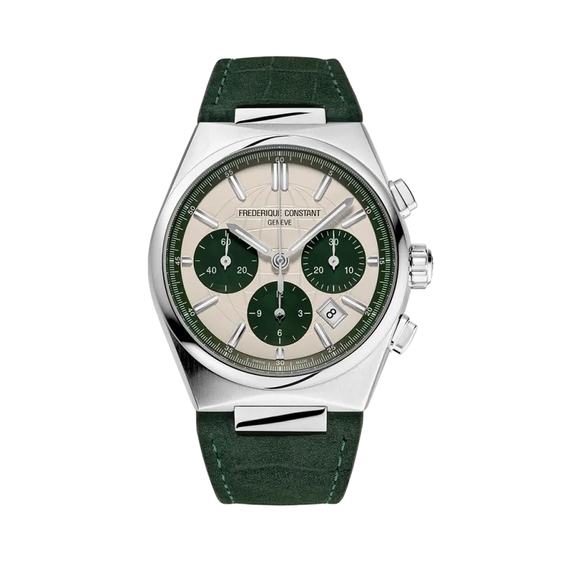 Frederique Constant Highlife Chronograph FC-391SGR4NH6 limitert herreklokke på 41 mm med grønn chronograph og kommer med skinnrem og lenke. Frederique Constant Highlife Chronograph FC-391SGR4NH6 limitert herreklokke på 41 mm med grønn chronograph og kommer med skinnrem og lenke.