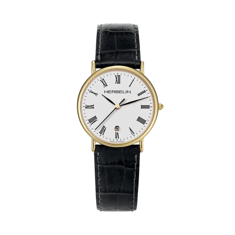 Herbelin Classique dameklokke med hvit skive, romertall, gullfarget kasse, skinnrem og quartzverk. Herbelin Classique dameklokke med hvit skive, romertall, gullfarget kasse, skinnrem og quartzverk.