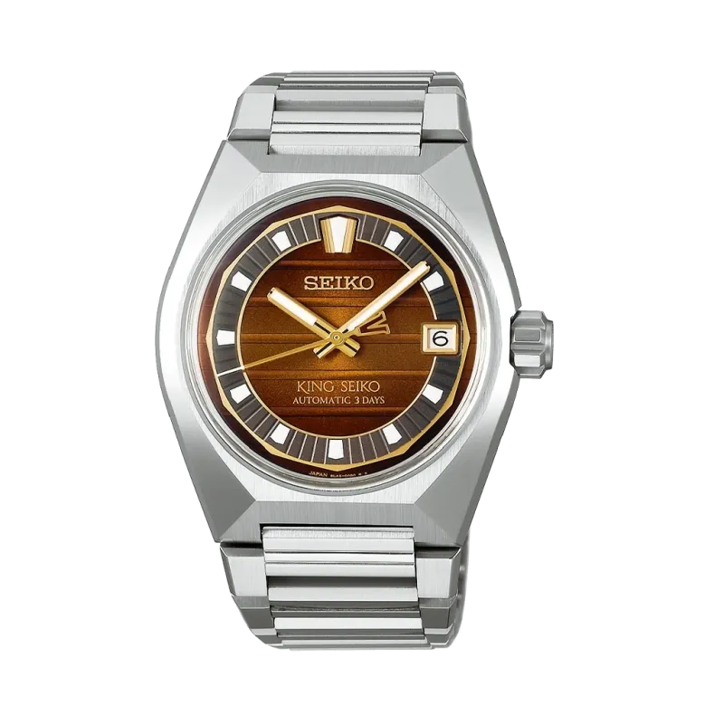 King Seiko Vanac herreklokke med automatisk verk, brun tallskive og kasse og lenke i stål. Limited edition. King Seiko Vanac herreklokke med automatisk verk, brun tallskive og kasse og lenke i stål. Limited edition.