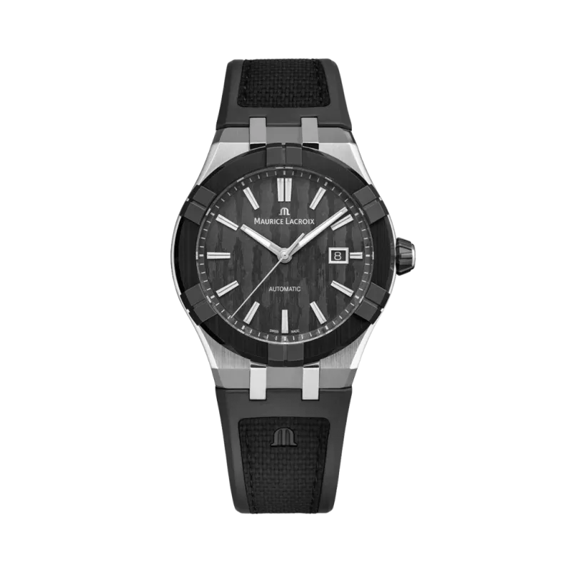 Maurice Lacroix Aikonic er en herreklokke på 43 mm med automatisk verk, carbonskive, gummirem med C-spenne og keramisk bezel. Maurice Lacroix Aikonic er en herreklokke på 43 mm med automatisk verk, carbonskive, gummirem med C-spenne og keramisk bezel.