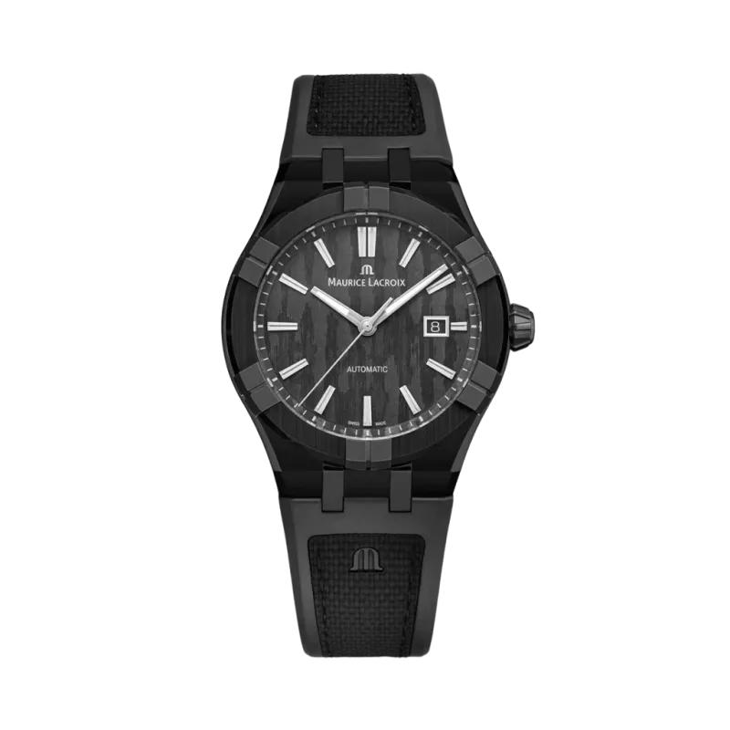 Maurice Lacroix Aikonic til herre på 43 mm med automatisk verk, DLC-belagt titankasse med keramisk bezel, sort tallskive og gummirem. Maurice Lacroix Aikonic til herre på 43 mm med automatisk verk, DLC-belagt titankasse med keramisk bezel, sort tallskive og gummirem.