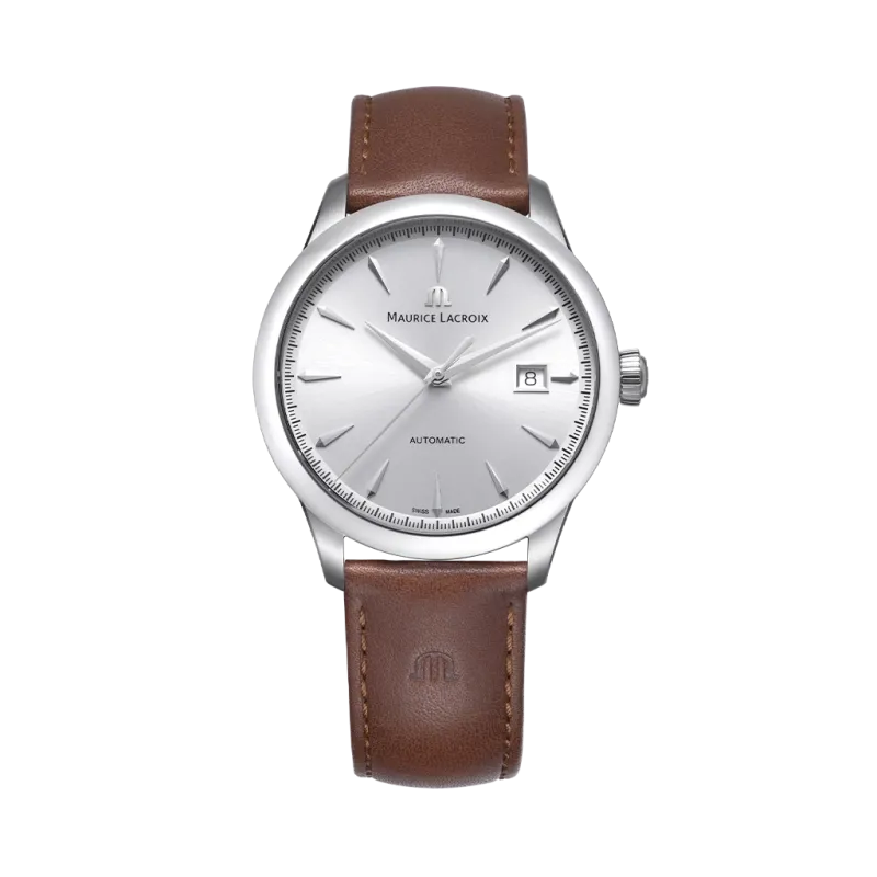 Maurice Lacroix 1975 dressklokke til herre på 43 mm. Automatisk verk med 30 timer gangreserve. Sølv skive og brun rem. Maurice Lacroix 1975 dressklokke til herre på 43 mm. Automatisk verk med 30 timer gangreserve. Sølv skive og brun rem.