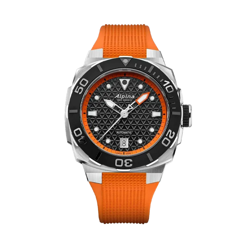 Alpina Seastrong Diver Extreme Automatic herreklokke med sort og oransje skive, kasse i stål og oransje gummirem med foldelås.