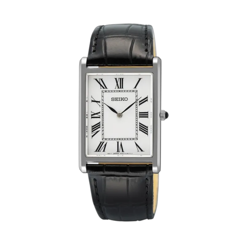 Seiko Mens SWR103P1 27 mm i stål med skinnrem og hvit skive med romertall.