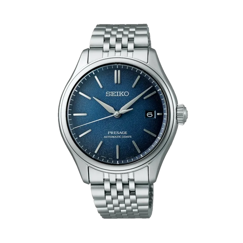 Seiko Presage Classic SPB525J1 herreklokke på 40 mm med blå skive, automatisk verk og stållenke med foldelås. Seiko Presage Classic SPB525J1 herreklokke på 40 mm med blå skive, automatisk verk og stållenke med foldelås.