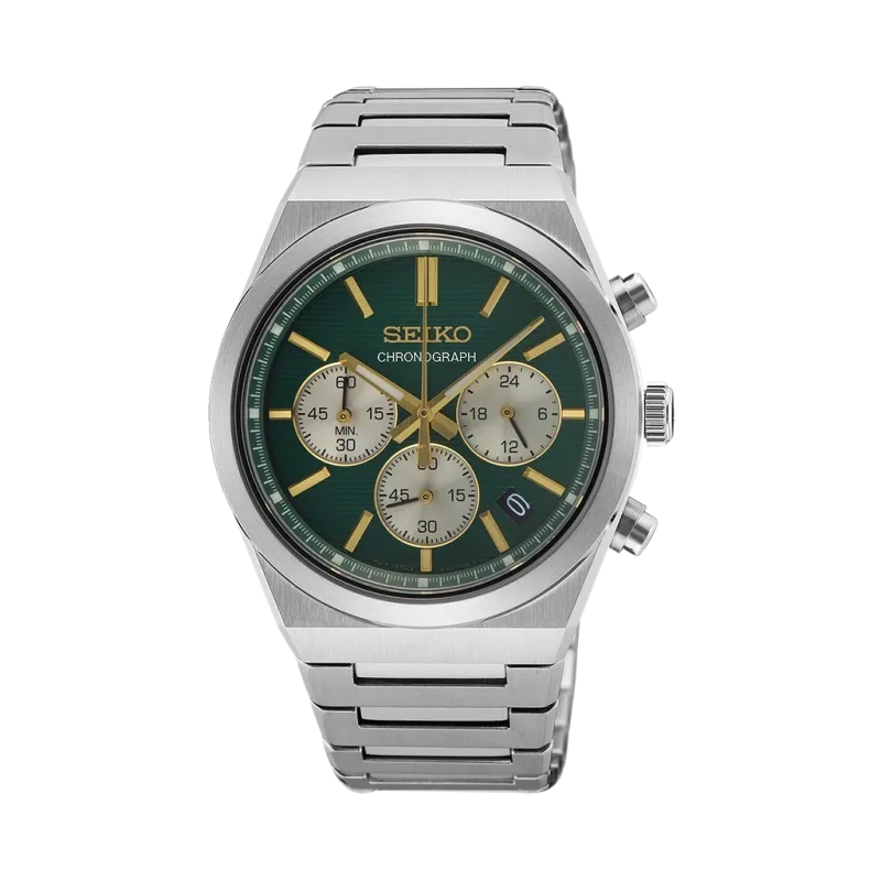 Seiko herreklokke med chronograph, quartzverk og stållenke med foldelås Seiko herreklokke med chronograph, quartzverk og stållenke med foldelås