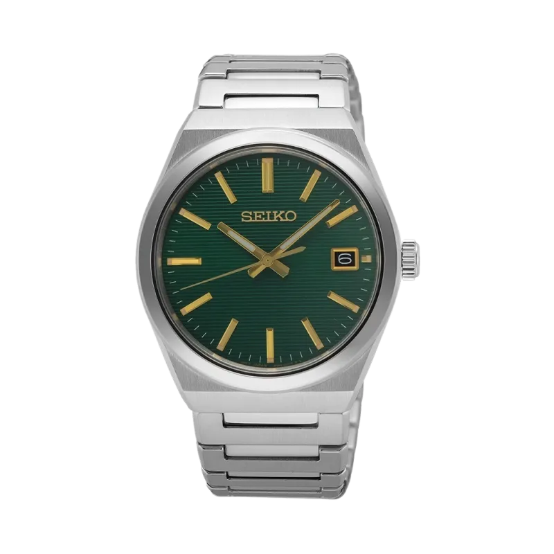 Seiko herreklokke med grønn skive og stållenke. Seiko herreklokke med grønn skive og stållenke.
