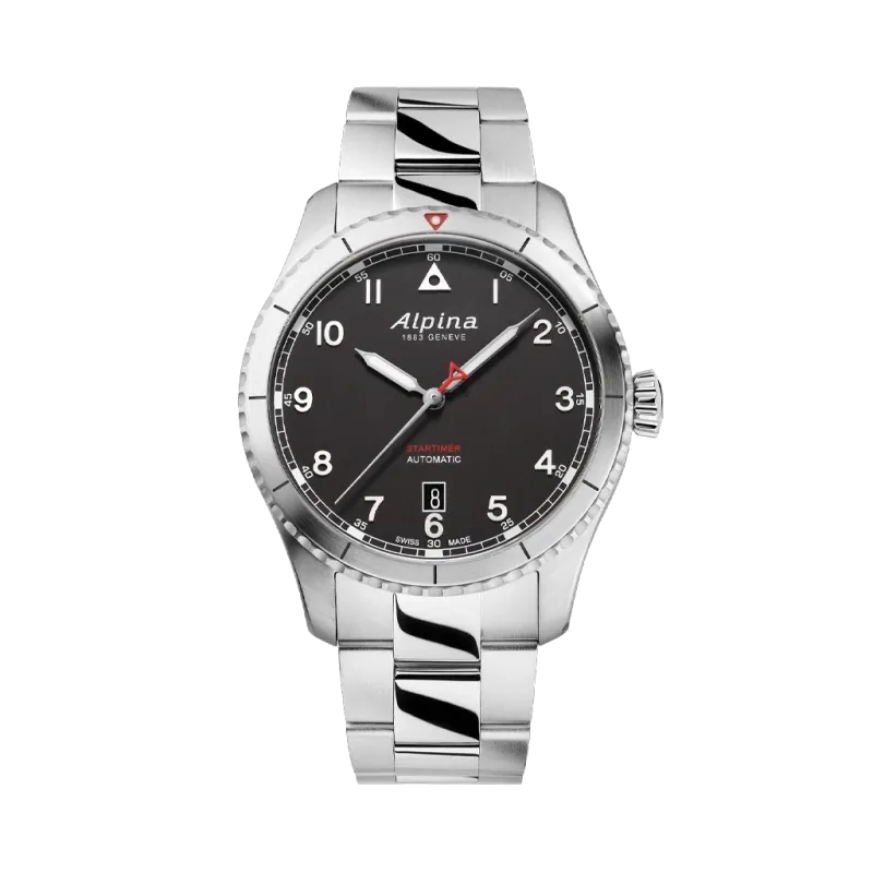 Alpina Startimer Pilot Automatic herreklokke på 41 mm med sort skive, kasse og lenke i stål. 100 meter vanntett.