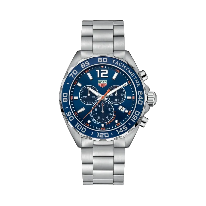 TAG Heuer Formula 1 Chronograph CAZ1014.BA0842 herreklokke på 43 mm med blå skrive, bezel med tachymeter og stållenke med foldelås. TAG Heuer Formula 1 Chronograph CAZ1014.BA0842 herreklokke på 43 mm med blå skrive, bezel med tachymeter og stållenke med foldelås.