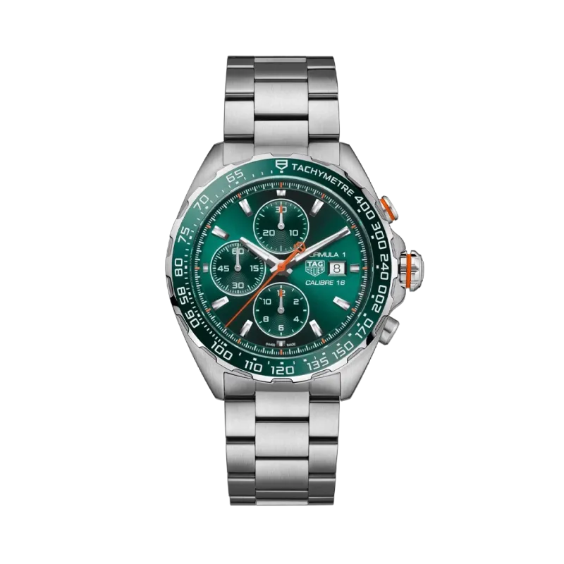 TAG Heuer Formula 1 Chronograph CAZ201H.BA0876 herreklokke på 44 mm i stål med automatisk verk og grønn skive TAG Heuer Formula 1 Chronograph CAZ201H.BA0876 herreklokke på 44 mm i stål med automatisk verk og grønn skive