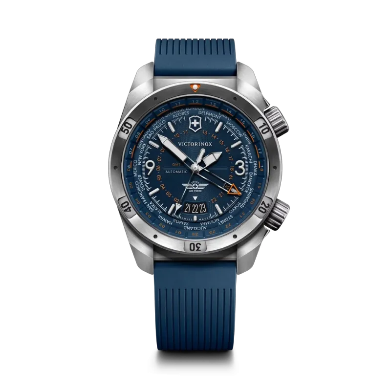 Victorinox Air Pro GMT Automatic herreklokke på 43 mm med blå skive og blå gummirem. 200 meter vanntett.