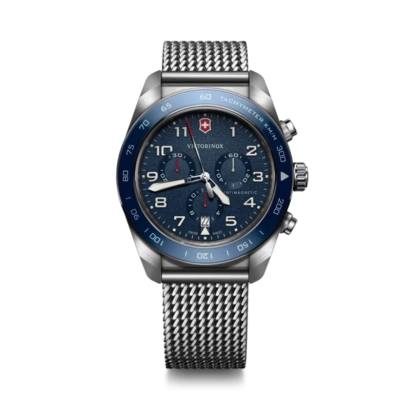 Victorinox Swiss Army Chronograph herreklokke med blå skive, stållenke og quartzverk.