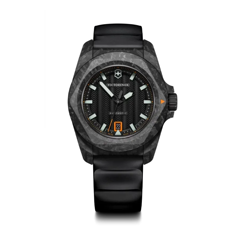 Victorinox I.N.O.X. Automatic herreklokke med sort skive, sort gummirem, automatisk verk og swiss army knife.