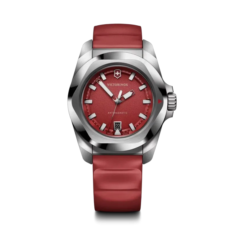 Victorinox I.N.O.X. herreklokke med quartzverk, rød skive og rød gummirem.