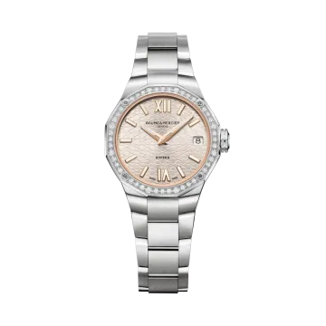 Baume & Mercier Riviera til dame med quartzverk, 44 diamanter, kasse og lenke i stål. 50 meter vanntett.
