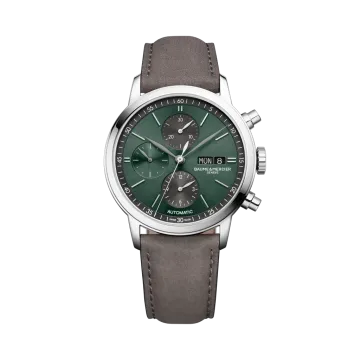 Baume & Mercier Classima med kronografer og månefase til herre på 42 mm. Blå tallskive og sort alligatorrem. 50 meter vanntett.
