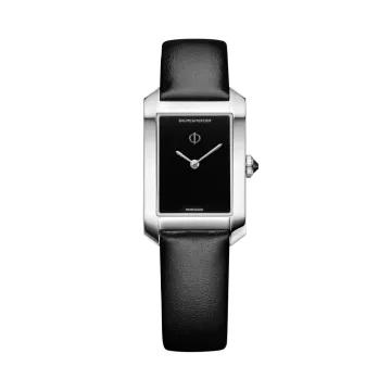 Baume & Mercier Hampton 10760 rektangulær dameklokke med quartzverk, sort skive og rem og kasse i stål. 