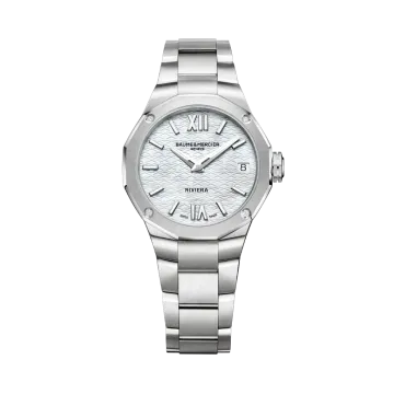 Baume & Mercier Riviera er en sporty klokke til dame med quartzverk, perlemorskive og stållenke.