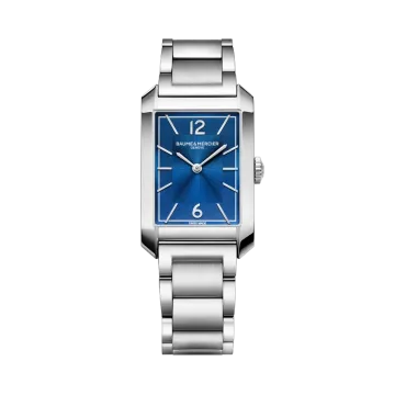 Baume & Mercier Hampton rektangulær klokke til herre med blå tallskive, quartzverk og kasse og lenke i stål.