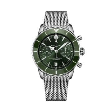 Breitling Superocean Heritage B01 Chronograph 42 mm med grønn skive, grønn bezel, kronograf og meshlenke i stål