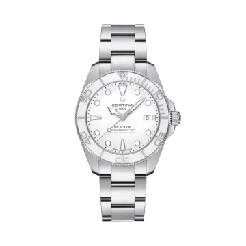 Certina DS Action Diver Powermatic 80 C048.407.11.011.00 herreklokke på 40,5 i stål med automatisk verk, keramisk bezel og hvit skive.