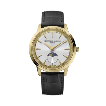 Frederique Constant Classics Moneta har en gullfarget kasse, sølvfarget skive, sort skinnrem og quartzverk.