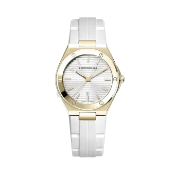 Herbelin Cap Camarat 14545P1N11CW er en sporty dameklokke med gullfarget kasse, hvit gummirem og quartzverk.