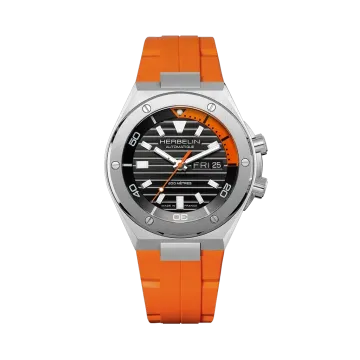 Herbelin Cap Camarat dykkerklokke til herre med sort skive, oransje gummirem og automatisk verk.