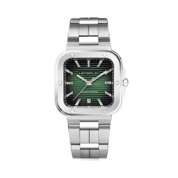 Herbelin Cap Camarat Square herreklokke med grønn skive, stållenke og automatisk verk.