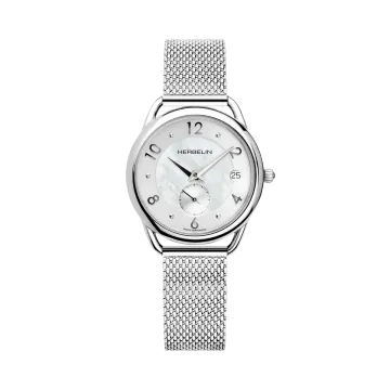Herbelin Equinoxe dameklokke med hvit perlemorskive, kasse og lenke i stål og quartzverk.
