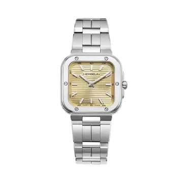 Herbelin Cap Camarat Square dameklokke i stål med champagnefarget skive, lenke og quartzverk.