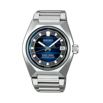 King Seiko Vanac herreklokke med automatisk verk, blå tallskive og kasse og lenke i stål