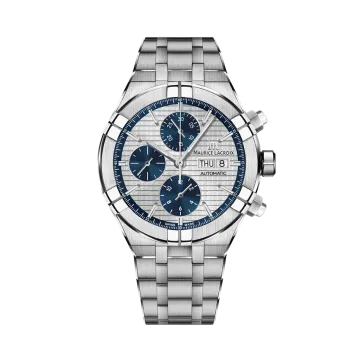 Maurice Lacroix Aikon Chronograph AI6038-SS002-131-1 herreklokke på 44 mm med grå skive, blå kronografer, stållenke og automatisk verk.