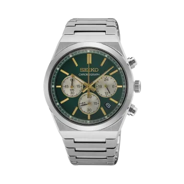 Seiko herreklokke med chronograph, quartzverk og stållenke med foldelås