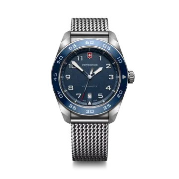 Victorinox Swiss Army 242043 er en herreklokke med quartzverk, sort skive og stållenke. 