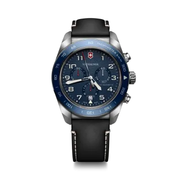 Victorinox Swiss Army Chronograph herreklokke med blå skive, sort skinnrem og quartzverk.