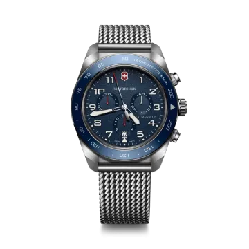 Victorinox Swiss Army Chronograph herreklokke med blå skive, stållenke og quartzverk.