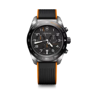 Victorinox Swiss Army Chronograph herreklokke med quartzverk, sort skive og sort/oransje gummirem.