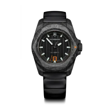 Victorinox I.N.O.X. Automatic herreklokke med sort skive, sort gummirem, automatisk verk og swiss army knife.