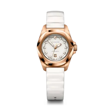 Victorinox I.N.O.X. Small dameklokke med rosegullfarget kasse, hvit tallskive og hvit gummirem.