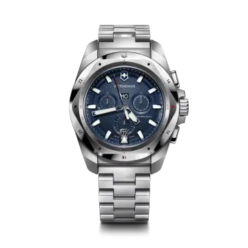 Victorinox I.N.O.X. Chrono herreklokke med quartzverk, chronograph, blå skive og stållenke.